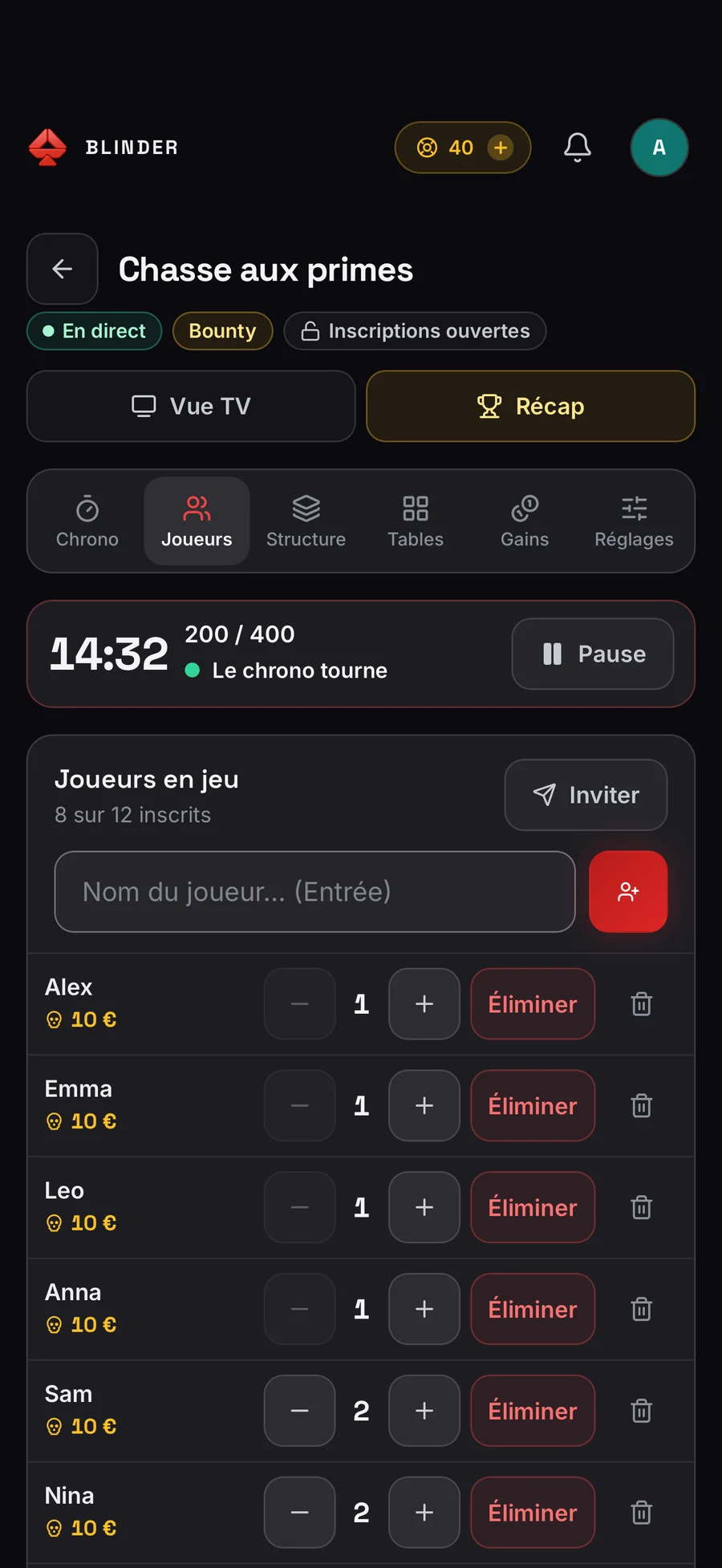 La liste des joueurs d’un tournoi Bounty, avec leur prime et le bouton Éliminer