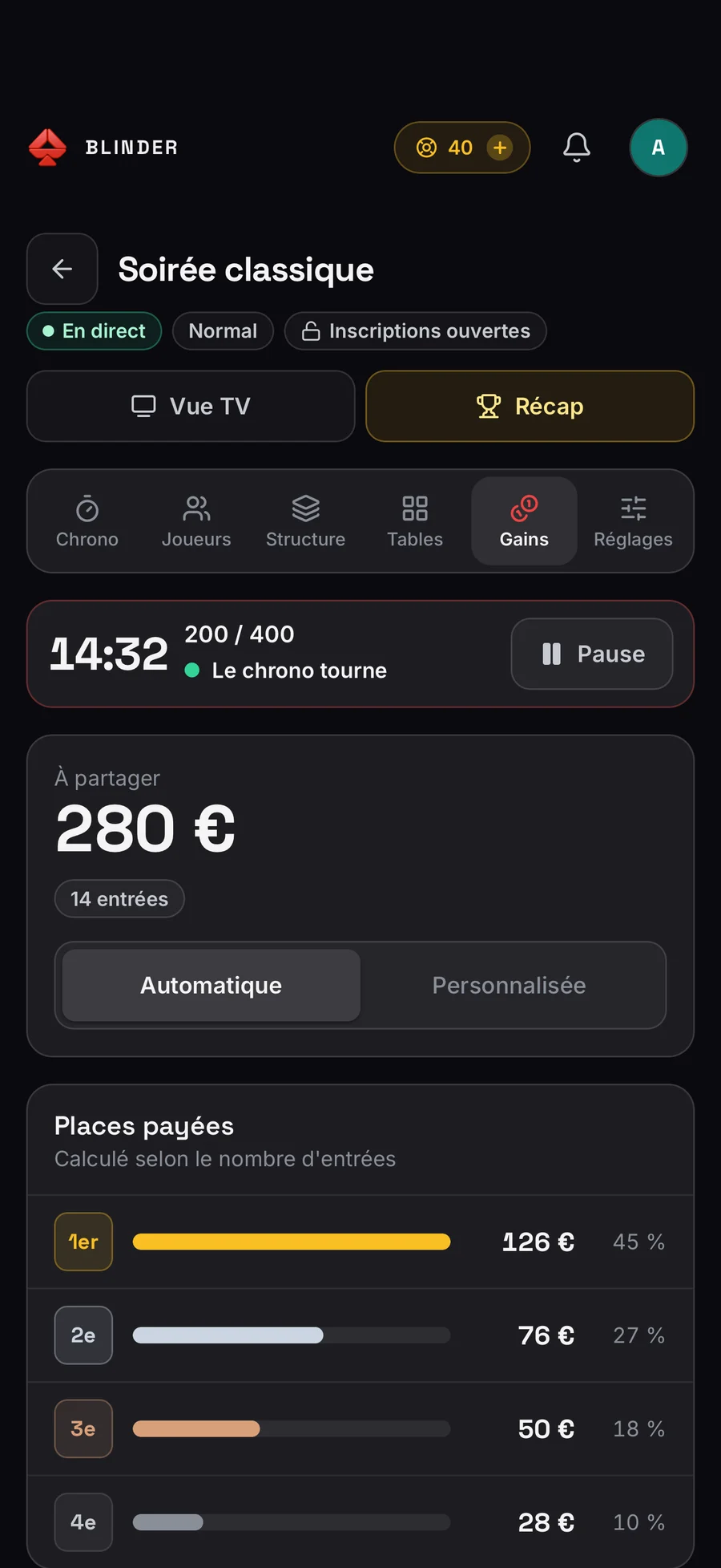 Les gains d’un tournoi classique sur le téléphone : somme à partager et places payées