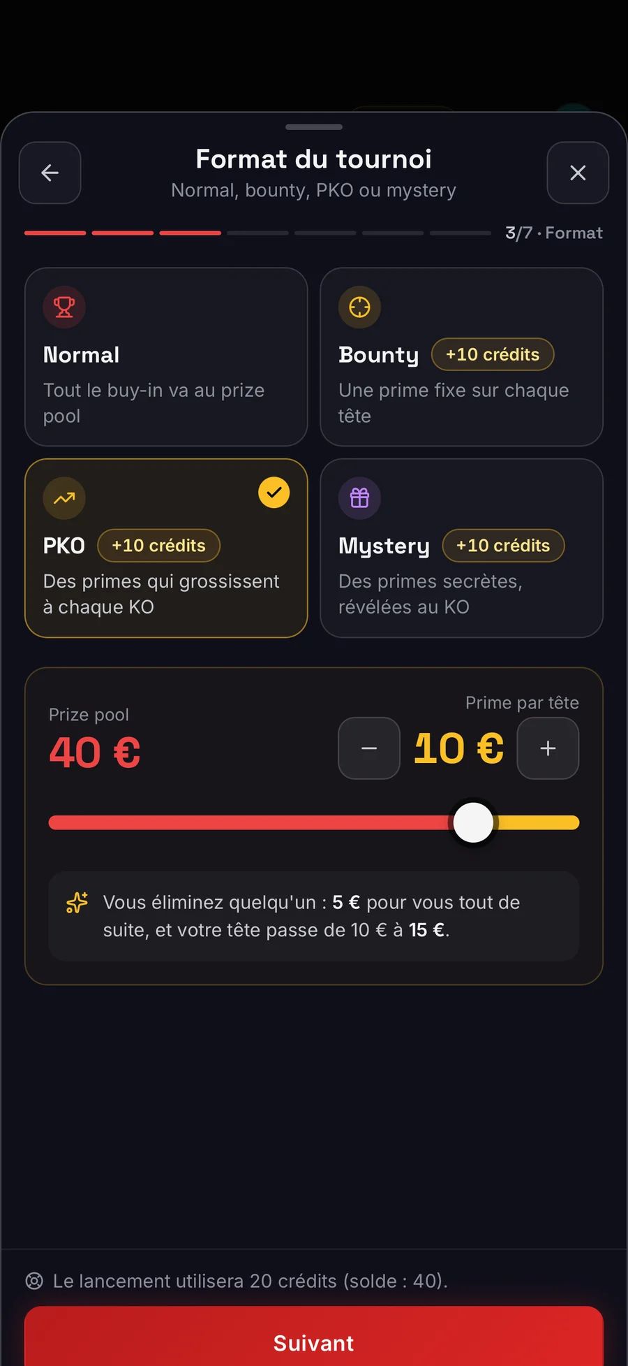 La création du tournoi sur le téléphone : le choix du format, PKO sélectionné, et la prime par tête