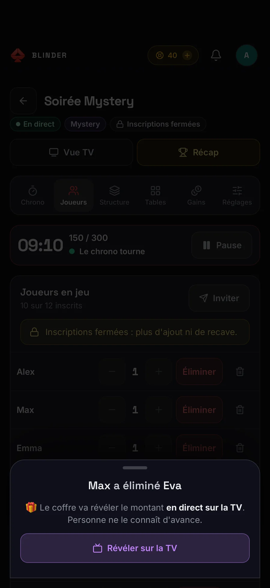 Le téléphone de l’organisateur propose de révéler l’enveloppe sur la TV