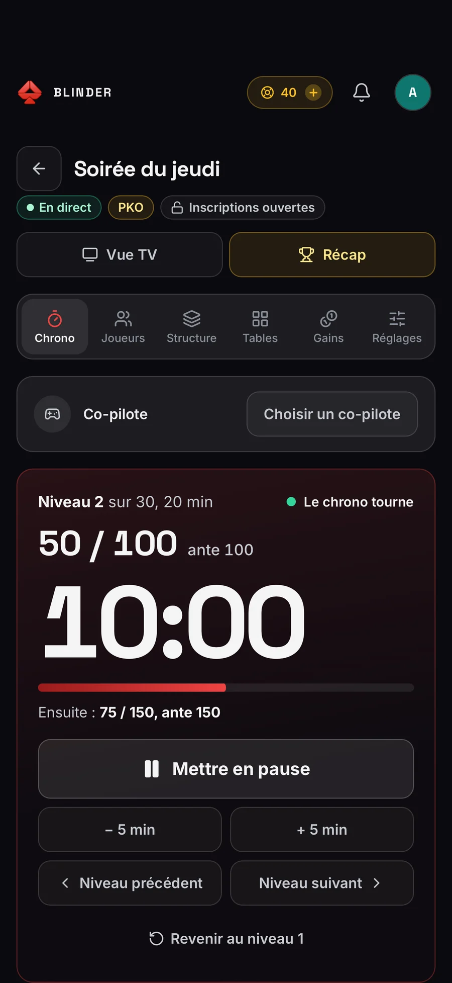 Le chrono du tournoi sur le téléphone de l’organisateur, avec le bouton Pause