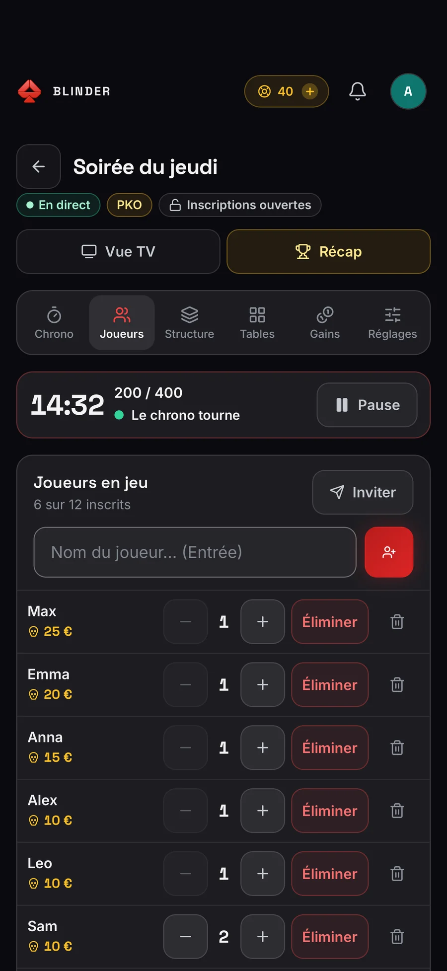 La liste des joueurs d’un tournoi PKO, avec leur prime et le bouton Éliminer