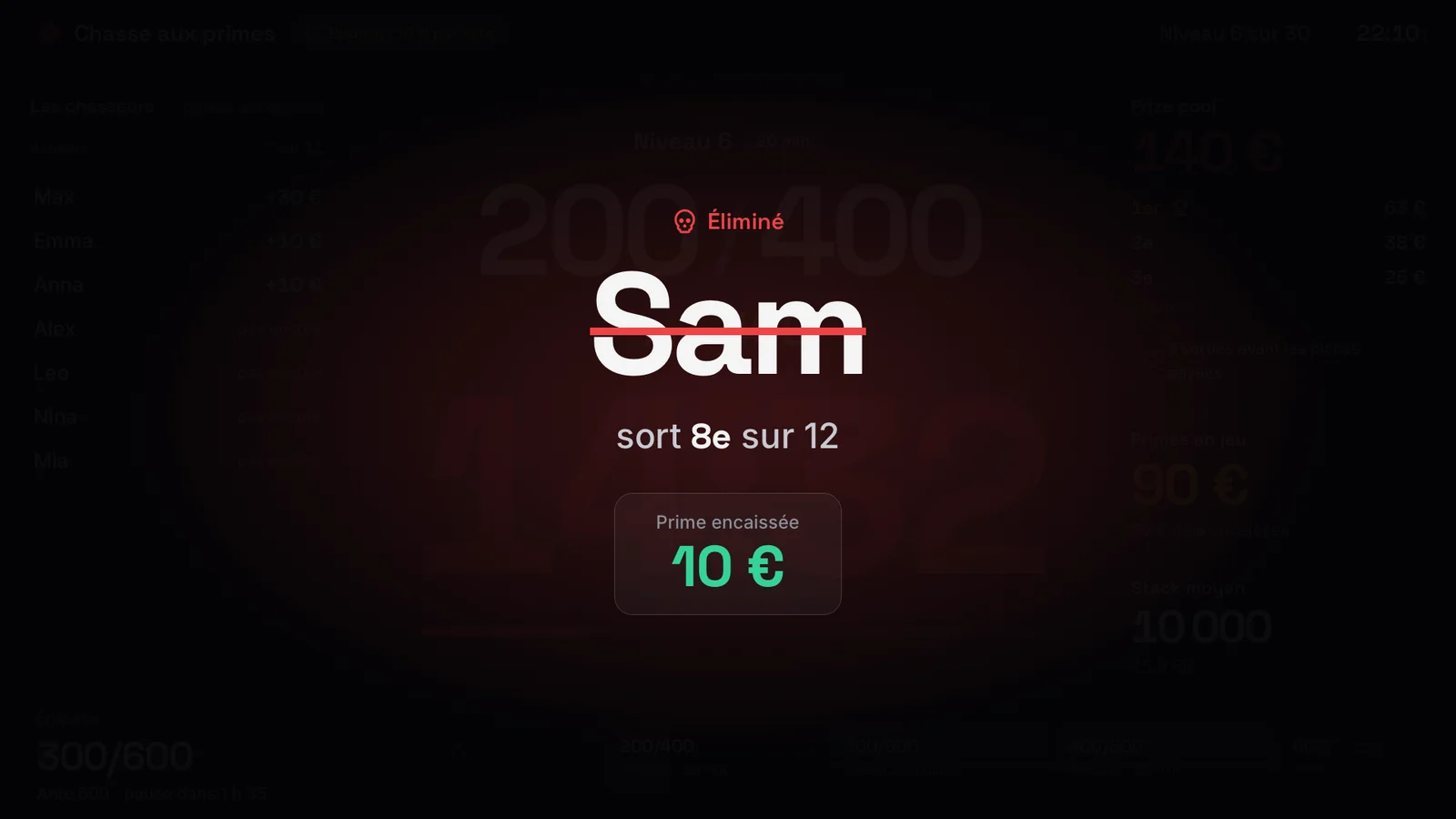 La TV d’un tournoi Bounty : l’annonce d’une élimination et la prime encaissée